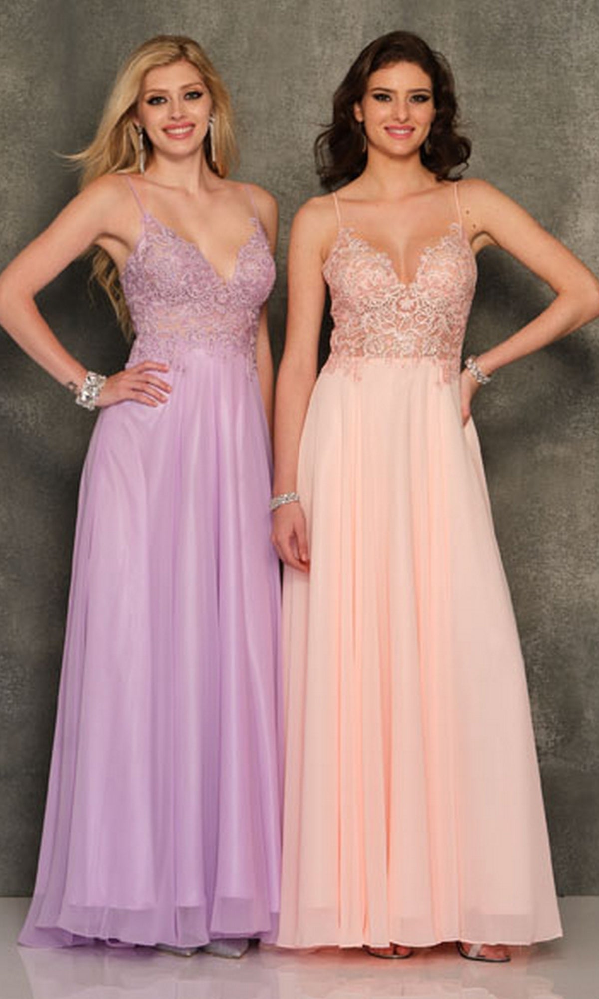 Two women wear Dave & Johnny A7248 classic long A-line prom gowns with sleeveless embroidered lace bodices; one dress is lavender, the other pale pink.